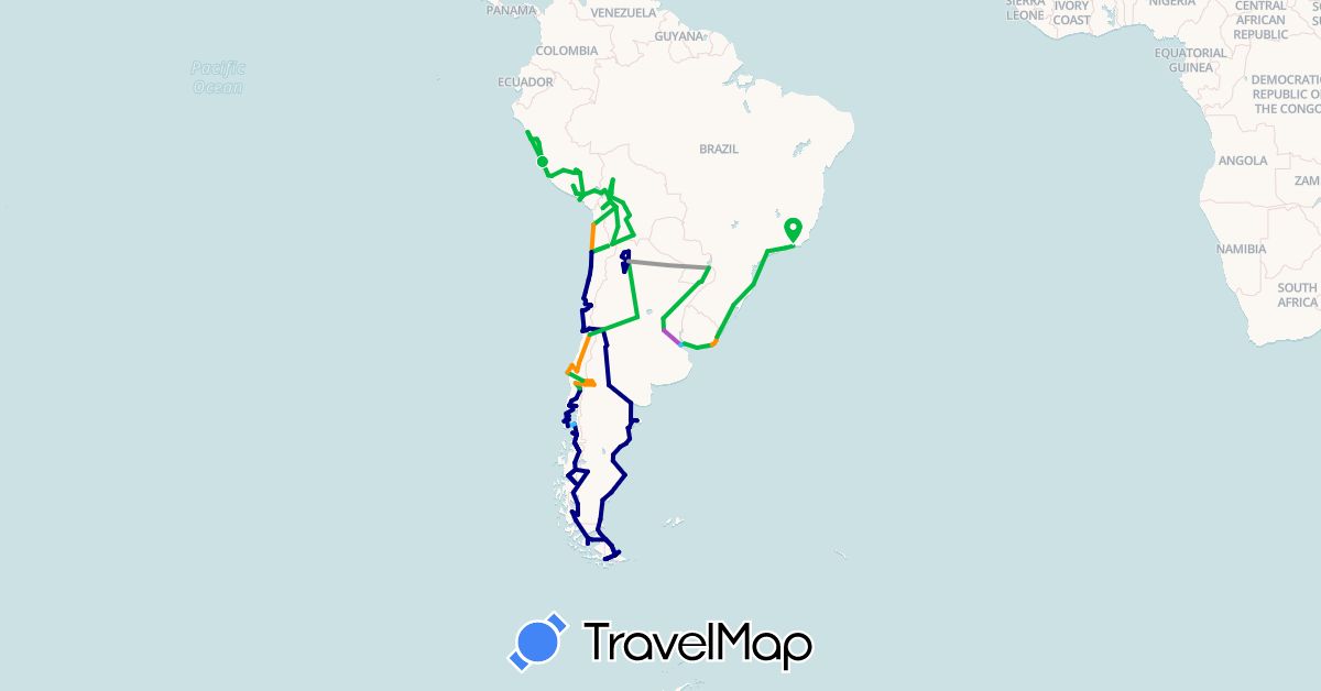TravelMap itinerary: driving, bus, plane, train, boat, hitchhiking in Argentina, Bolivia, Brazil, Chile, Peru, Uruguay (South America)